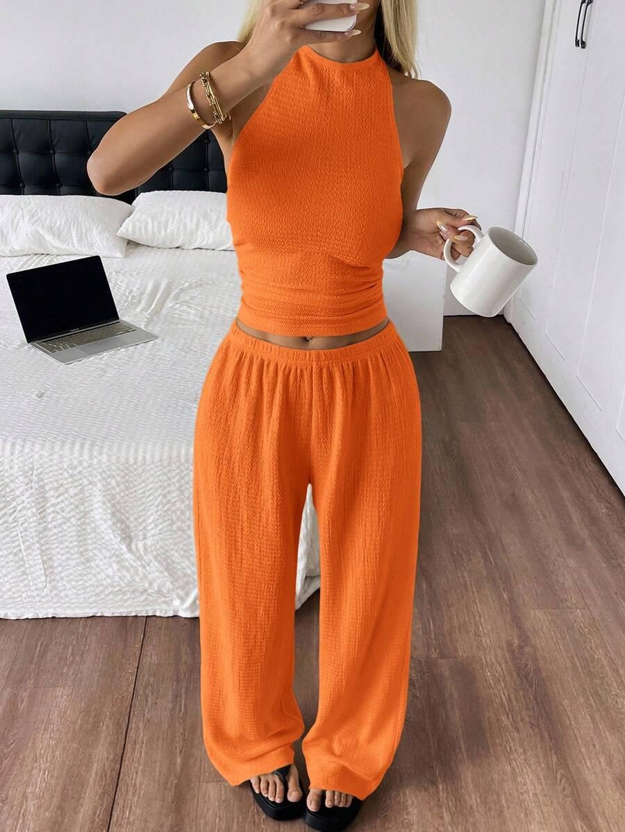 SHEIN POMARAŃCZOWE SPODNIE TOP KOMPLET S06__M