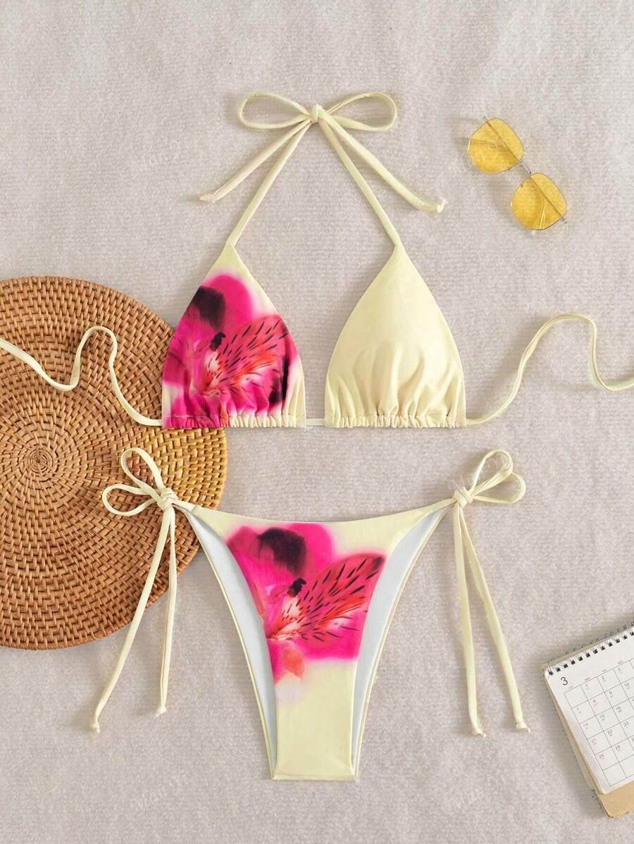 SHEIN ŻÓŁTY DWUCZĘŚCIOWY STRÓJ KĄPIELOWY KWIATY S09__M