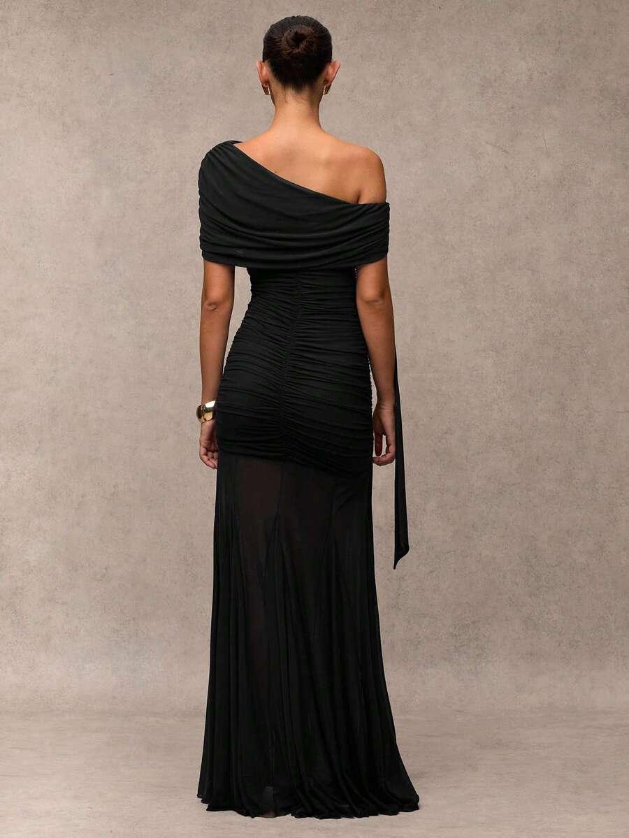 SHEIN CZARNA MAXI SUKIENKA ASYMETRYCZNY DEKOLT S06__M