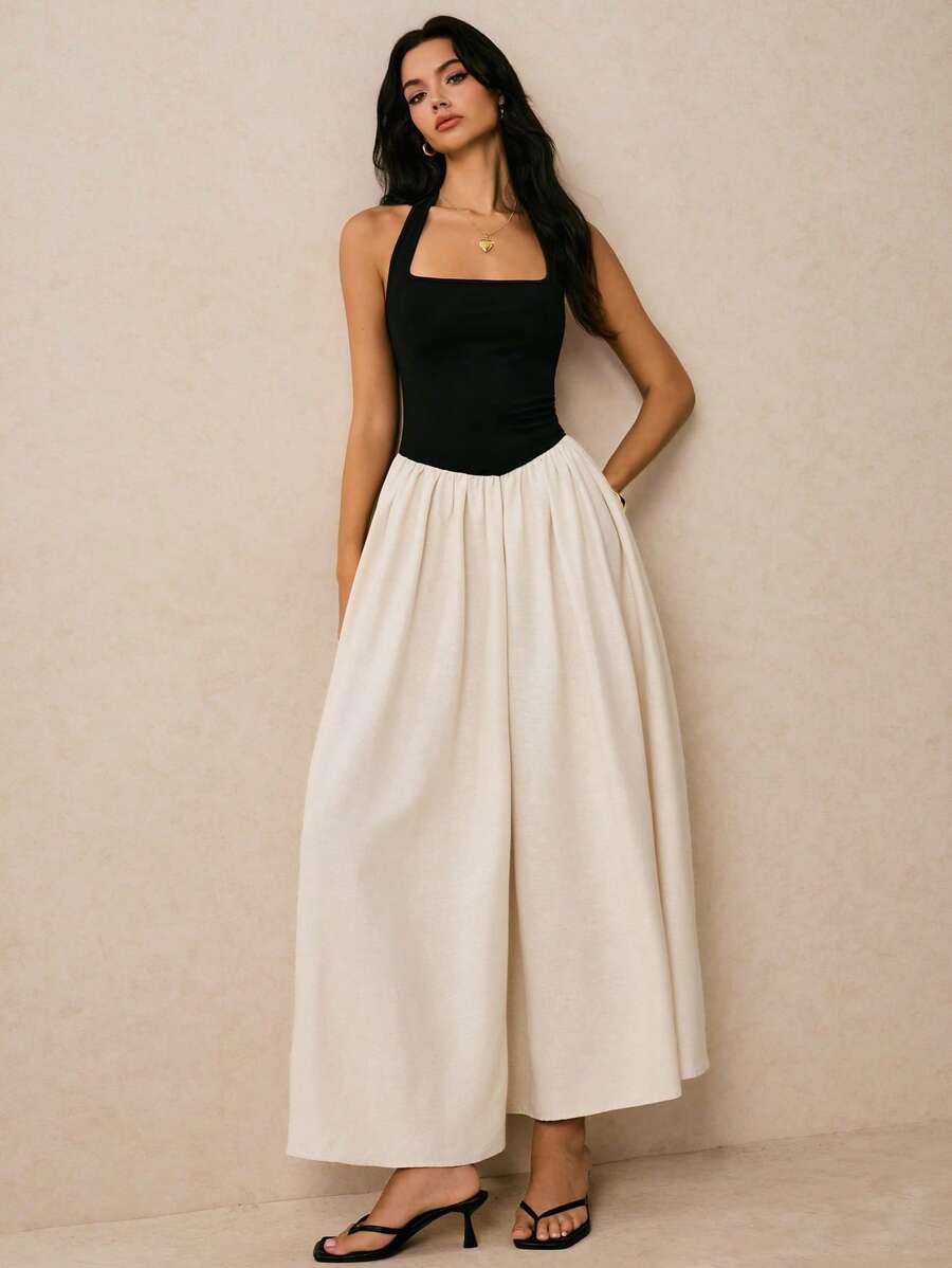 SHEIN MAXI SUKIENKA Z DOMIESZKĄ LNU ŁĄCZENIE S06__M