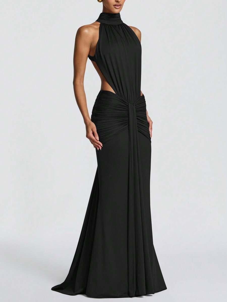 SHEIN CZARNA MAXI SUKIENKA ODKRYTE PLECY MARSZCZENIE S06__M