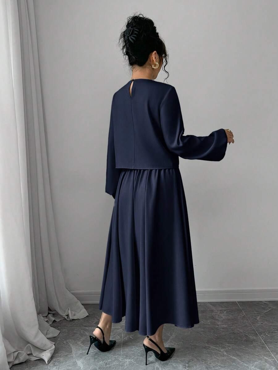 SHEIN GRANATOWY KOMPLET BLUZKA SPODNIE S06__L