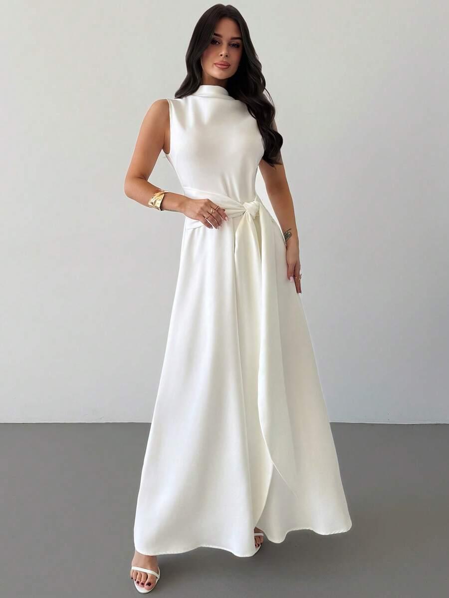 SHEIN BIAŁA MAXI SUKIENKA BEZ RĘKAWÓW WIĄZANIE S06__L