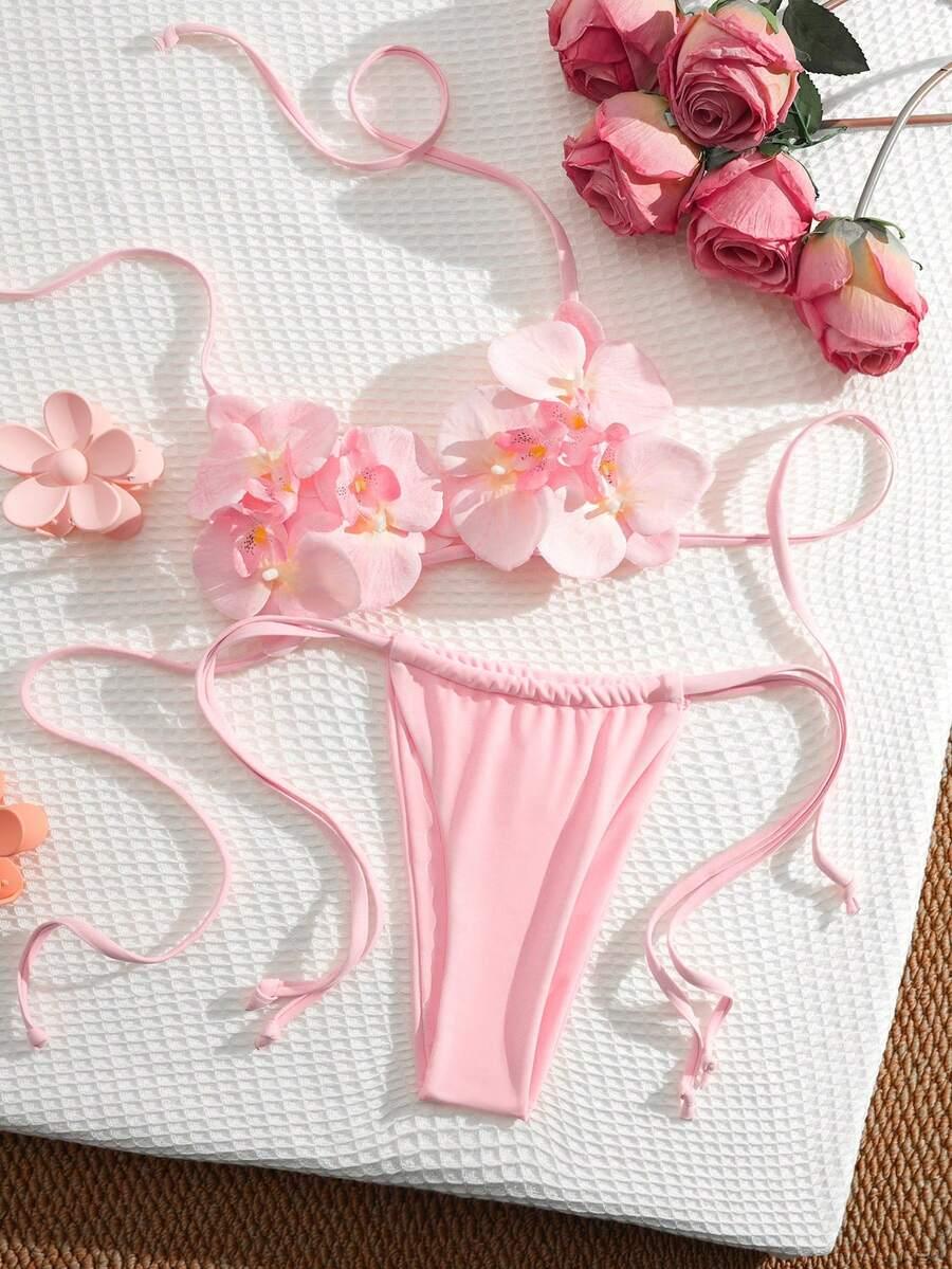 SHEIN RÓŻOWY DWUCZĘŚCIOWY STRÓJ KĄPIELOWY KWIAT 3D S09__L