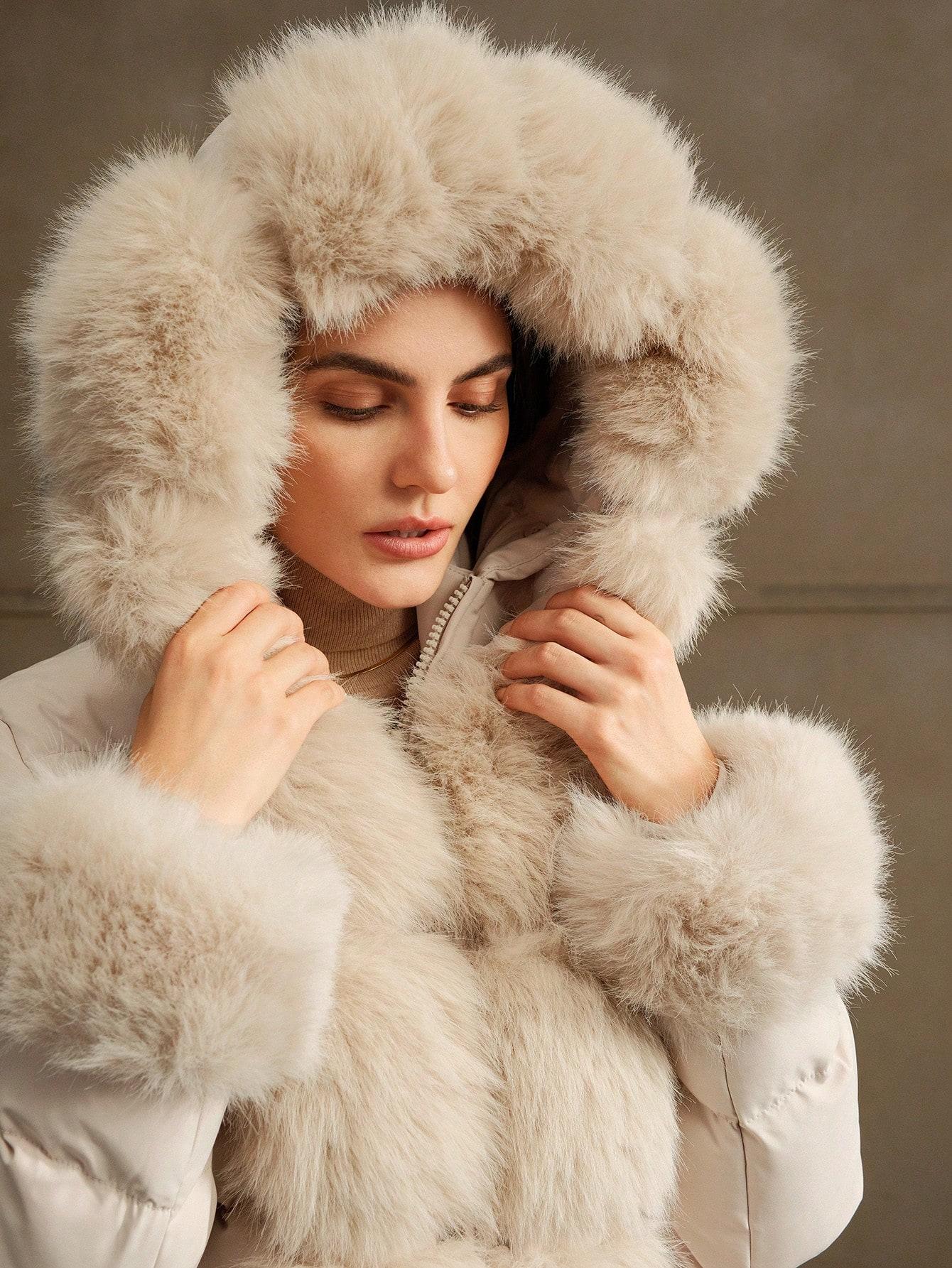SHEIN BEŻOWA KURTKA SZTUCZNE FUTERKO W01__M