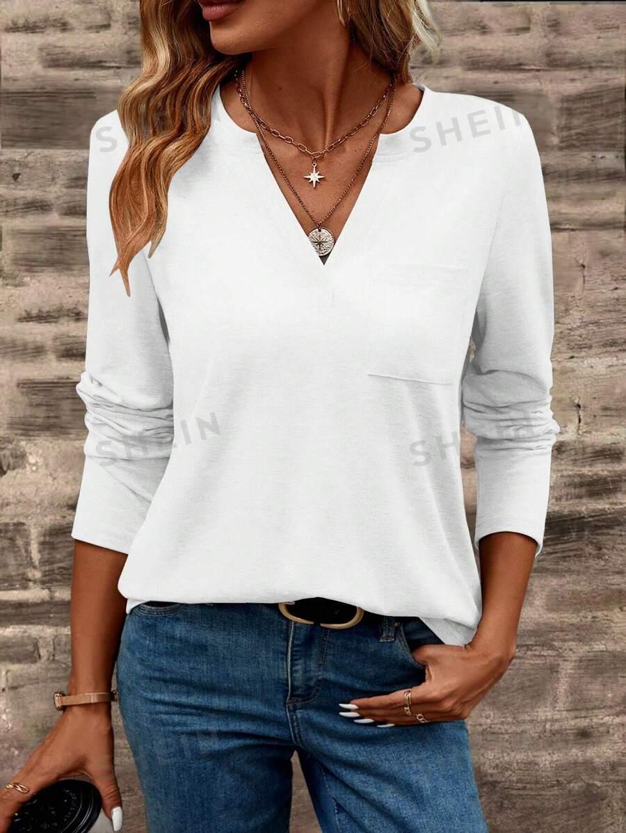 SHEIN BIAŁA BLUZKA V-NECK KIESZONKA S06__L