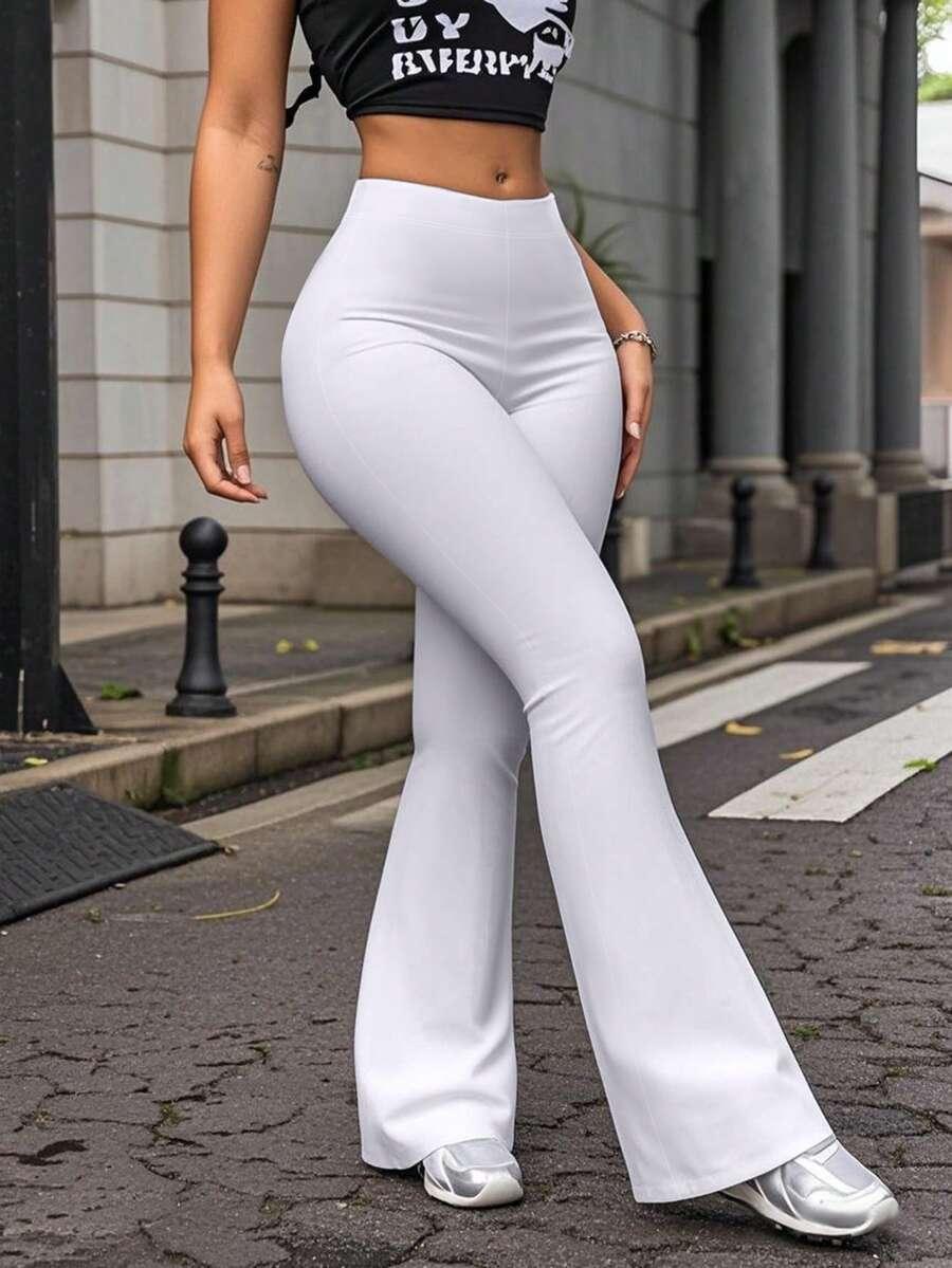 SHEIN BIAŁE SPODNIE Z GUMKĄ W PASIE FLARE CASUAL PK01__48