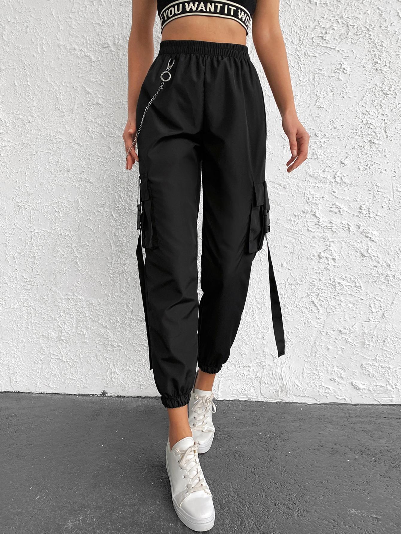SHEIN CZARNE SPODNIE BOJÓWKI KIESZENIE PK01__M
