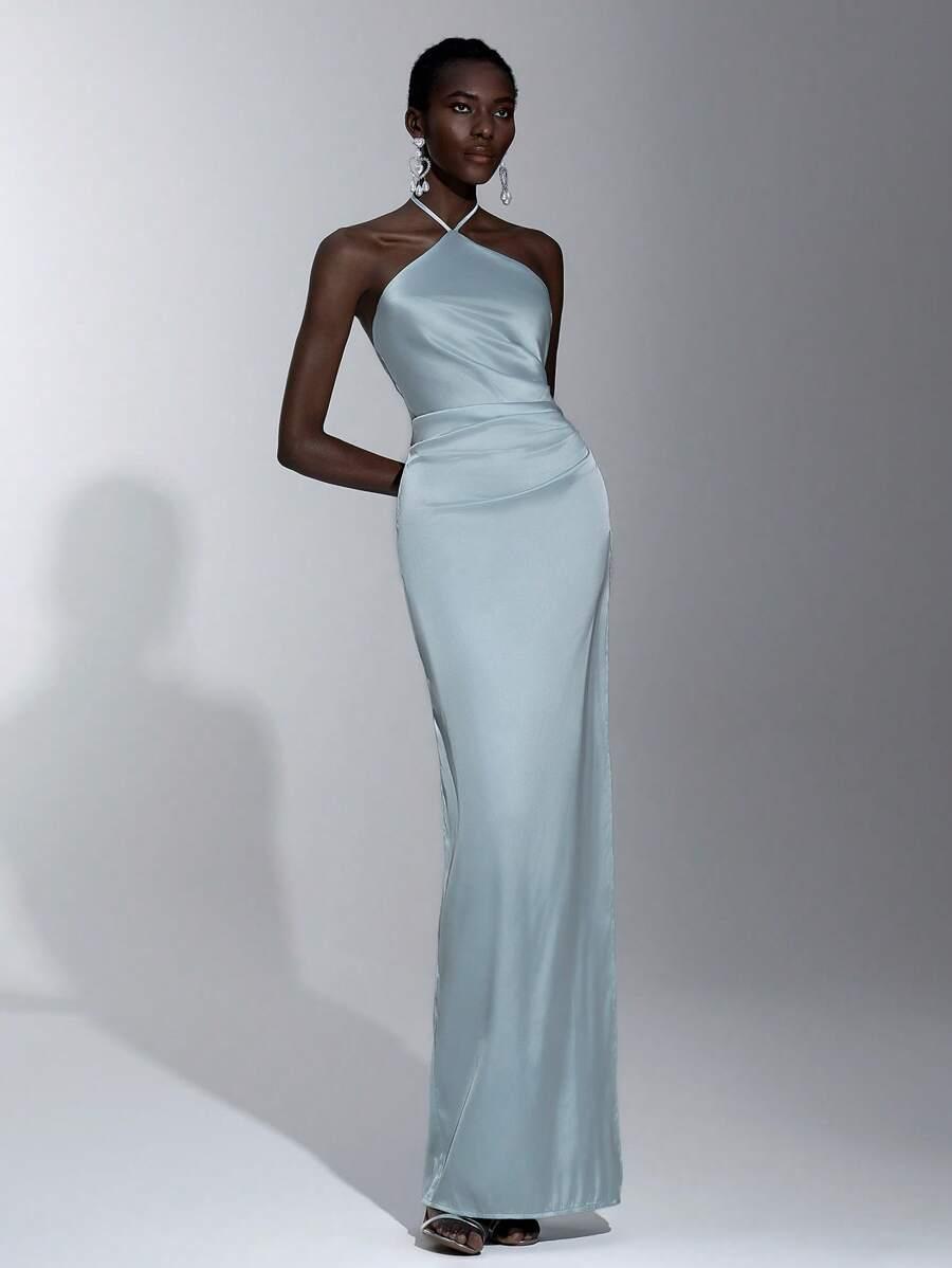 SHEIN NIEBIESKA SATYNOWA MAXI SUKIENKA S06__S
