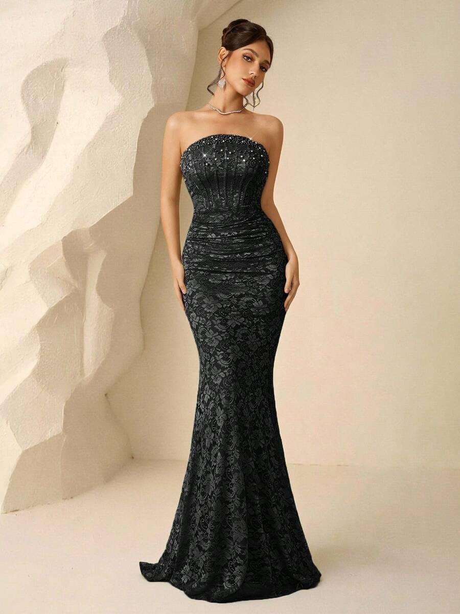 SHEIN KORONKOWA CZARNA MAXI SUKIENKA RĘKAWY S06__XXL