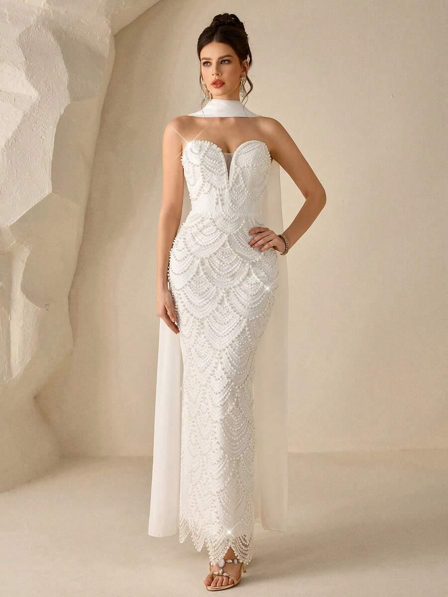 SHEIN BIAŁA MAXI SUKIENKA ZDOBIENIE S06__L