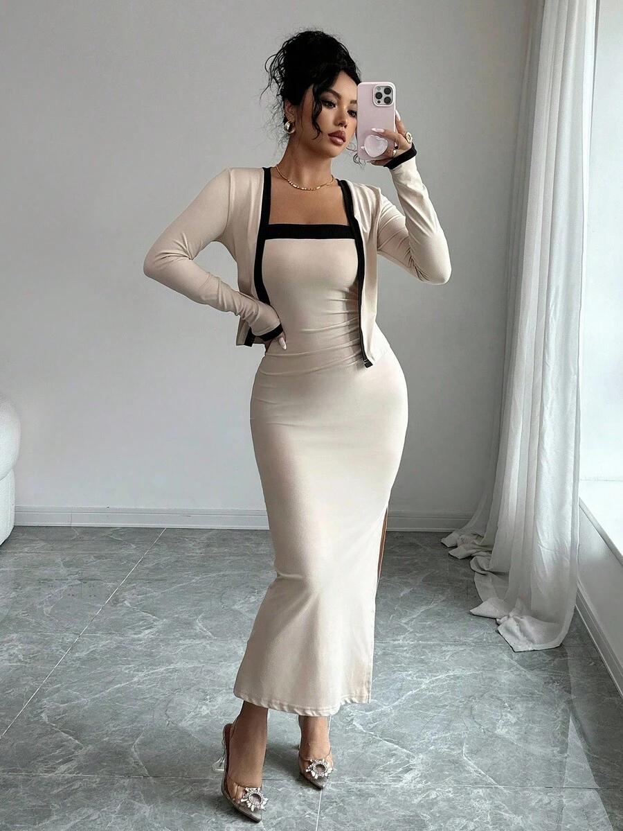 SHEIN BEŻOWY KOMPLET SUKIENKA NARZUTKA S06__L