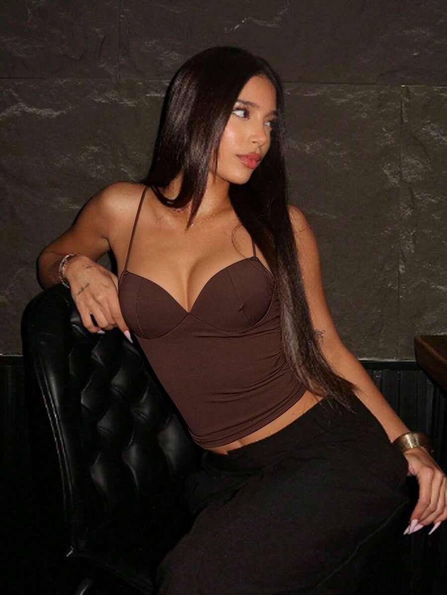 SHEIN BRĄZOWY TOP NA RAMIĄCZKACH S06__S