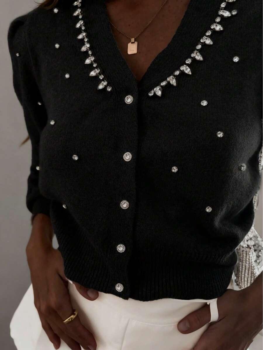 SHEIN CZARNY DZIANINOWY SWETER ZDOBIENIE S06__L