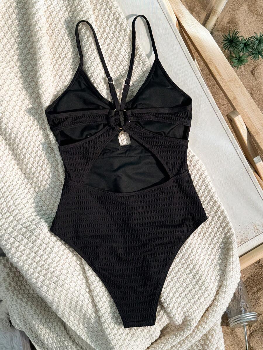 SHEIN CZARNY JEDNOCZĘŚCIOWY STRÓJ KĄPIELOWY ZDOBIENIE S09__M