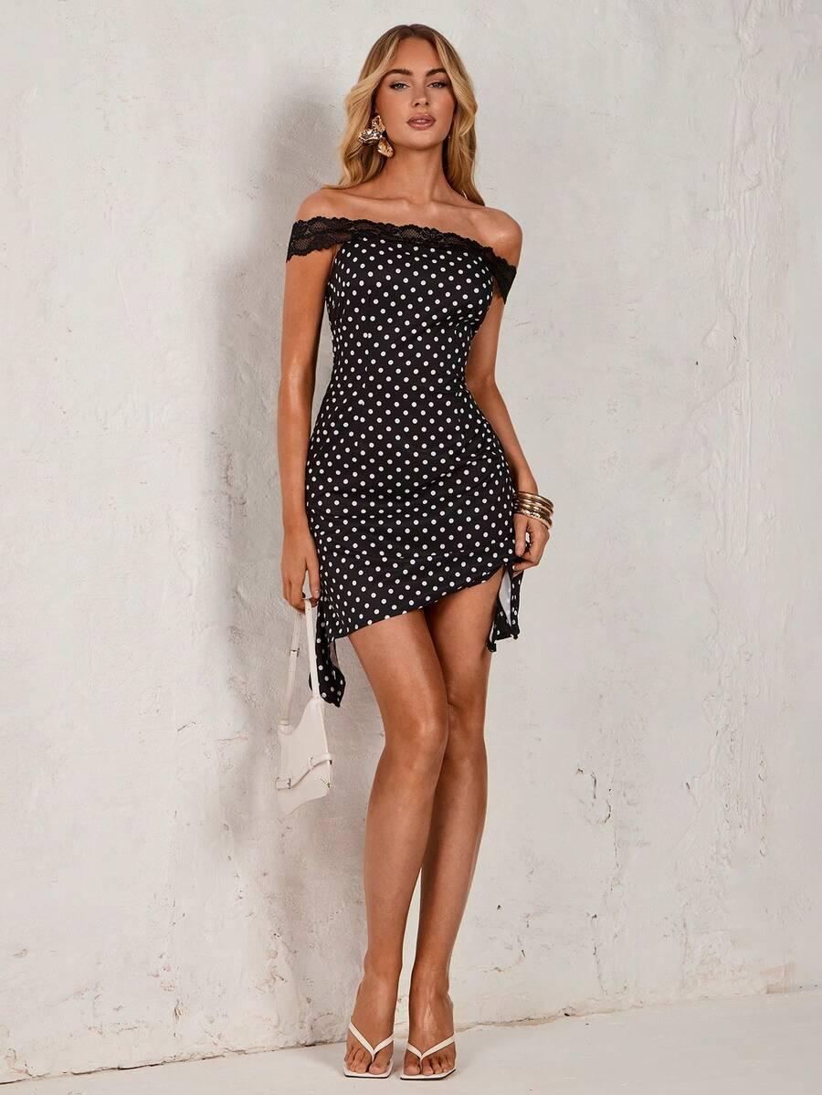 GLAMINE MINI SUKIENKA ODKRYTE RAMIONA WZÓR GROSZKI KORONKA S09__L