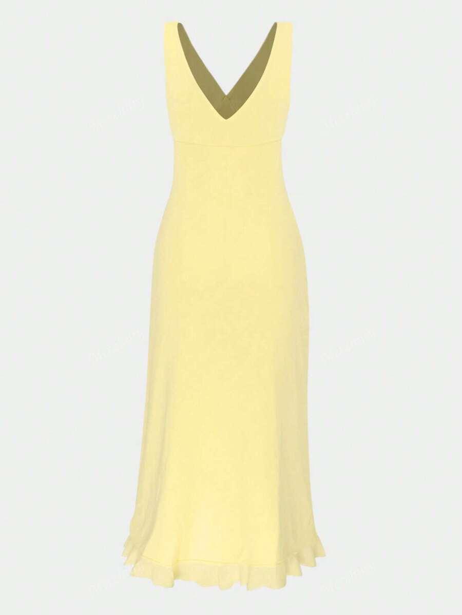 SHEIN ŻÓŁTA MAXI SUKIENKA FALBANA ROZCIĘCIE SIATECZKA PK01__M