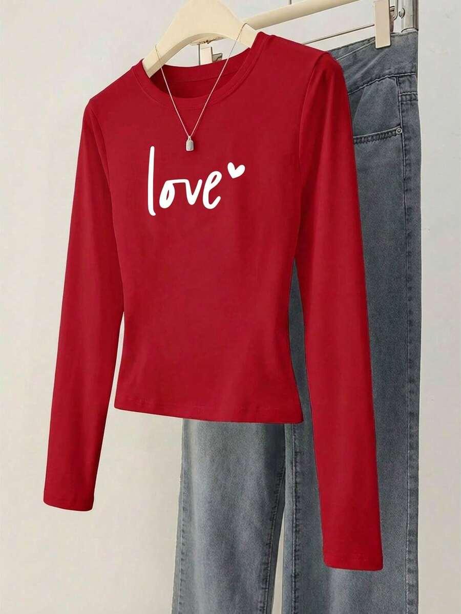 SHEIN CZERWONA BLUZKA Z DŁUGIM RĘKAWEM NADRUK PK01__S