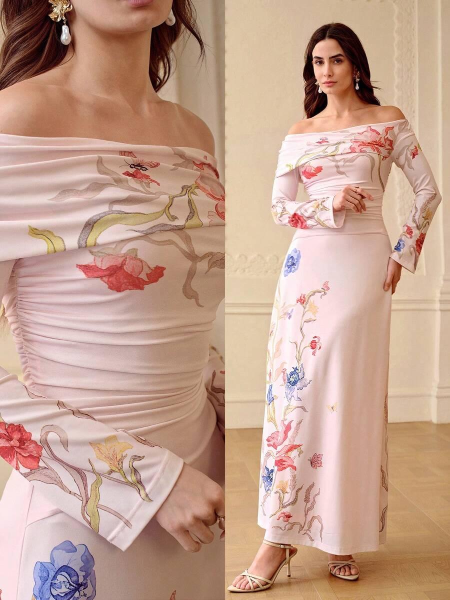 SHEIN SUKIENKA DŁUGI RĘKAW WZÓR KWIATY S06__M
