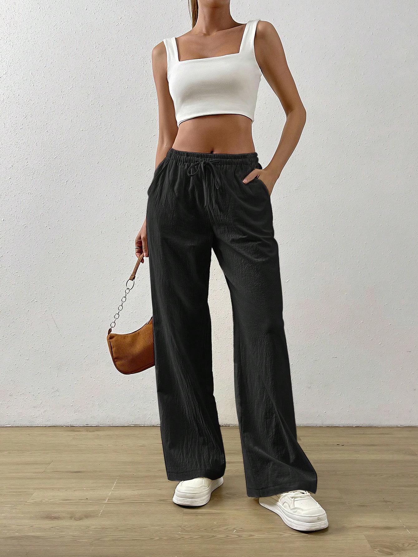 SHEIN CZARNE SPODNIE Z GUMKĄ W PASIE WIĄZANIE KIESZENIE S06__XXS