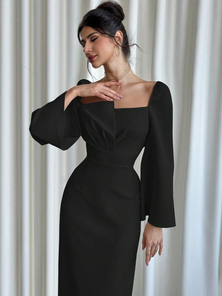 SHEIN CZARNA MAXI SUKIENKA ASYMETRIA PK01__M
