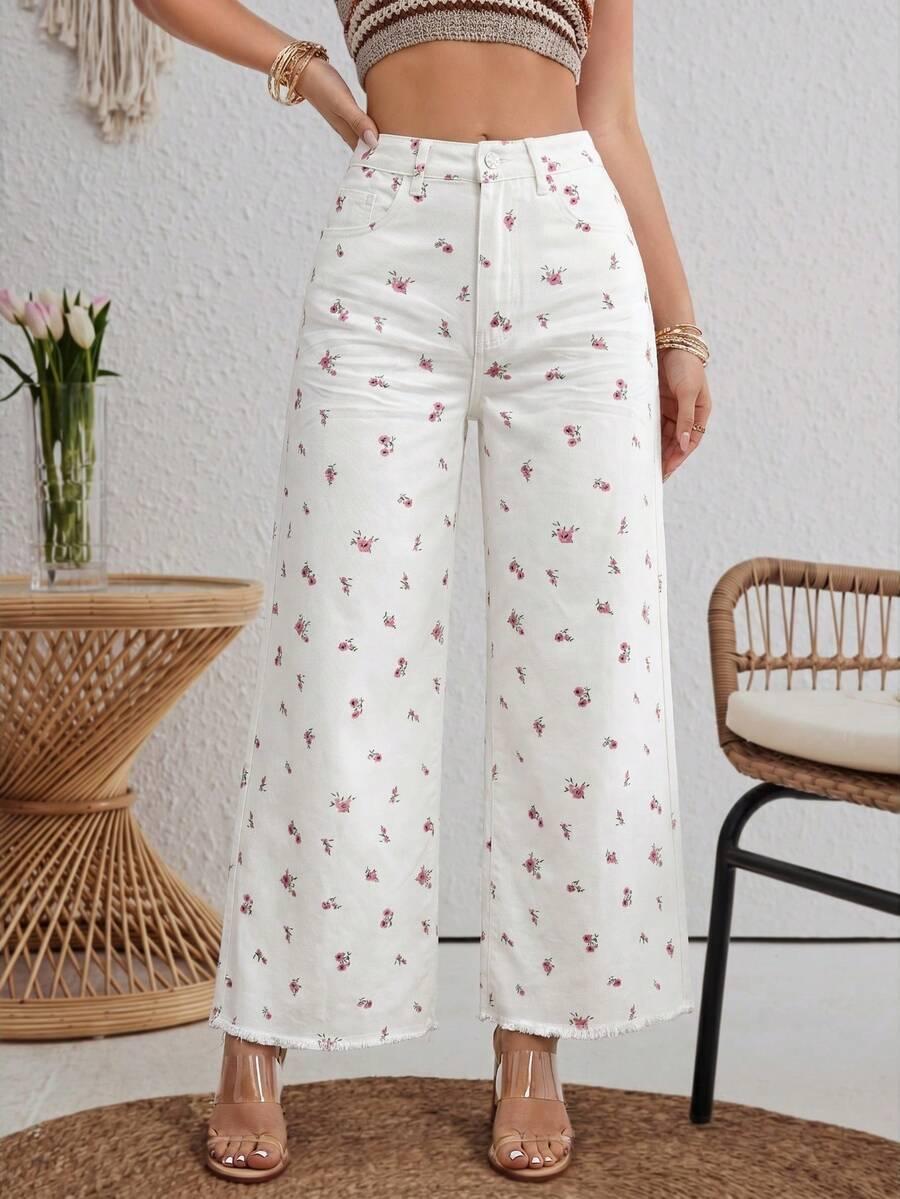 SHEIN BIAŁE SPODNIE JEANS KWIATY S06__W32/XL