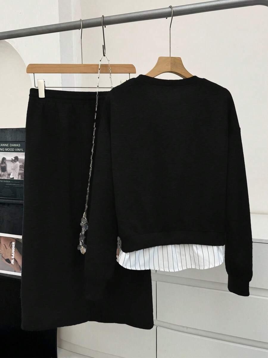 SHEIN CZARNY KOMPLET BLUZA SPÓDNICA S06__L
