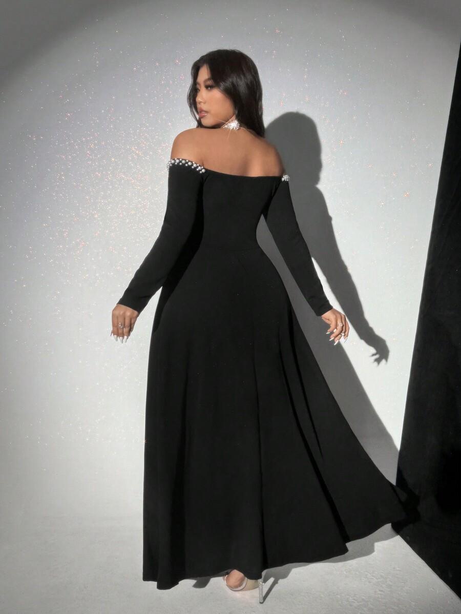 SHEIN CZARNA MAXI SUKIENKA PEREŁKI ROZCIĘCIE S06__48