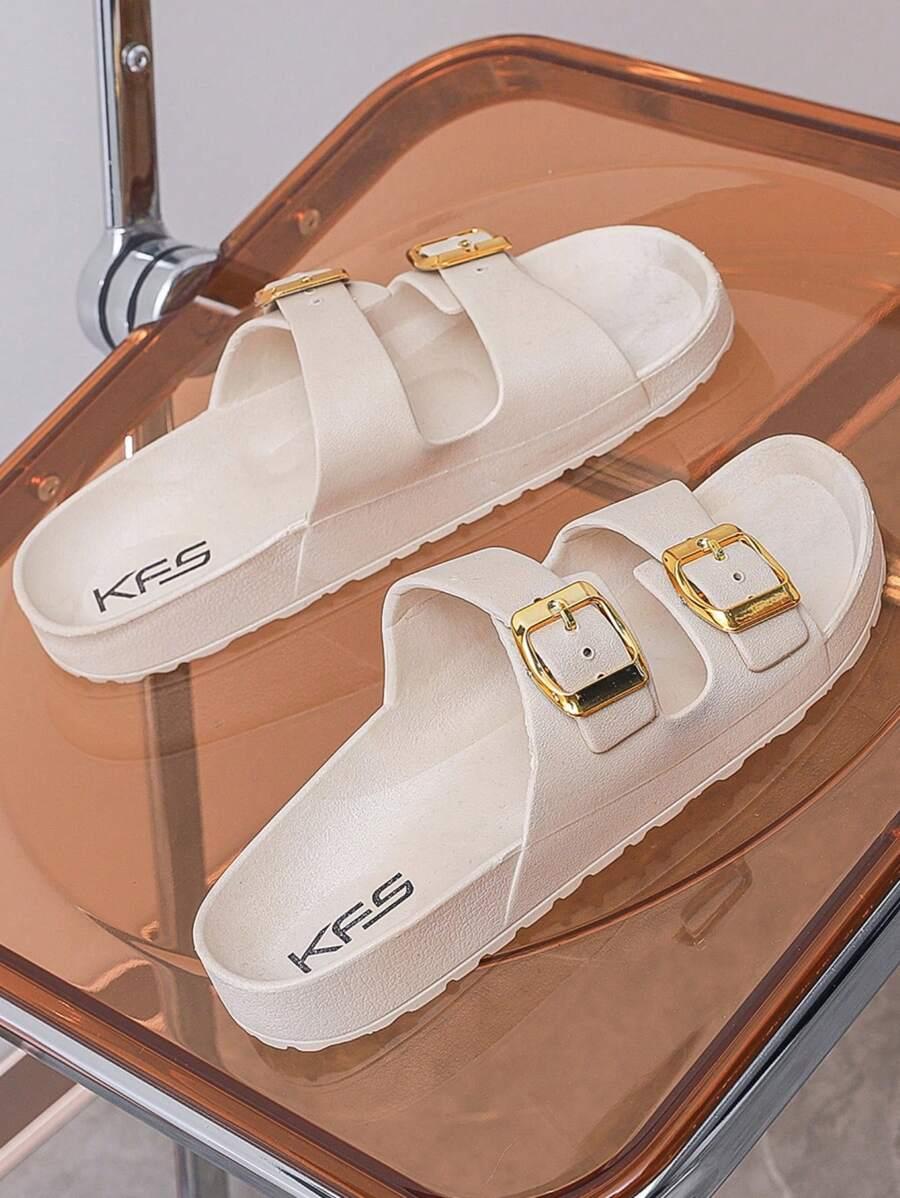 SHEIN BEŻOWE KLAPKI ZDOBIENIE KLAMRA S06__36