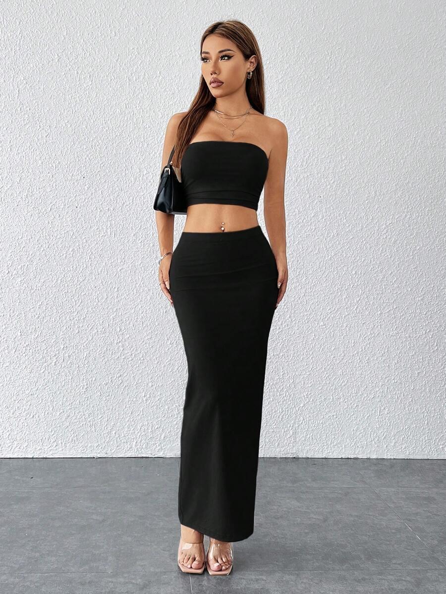 SHEIN CZARNY KOMPLET TOP SPÓDNICA S06__XS