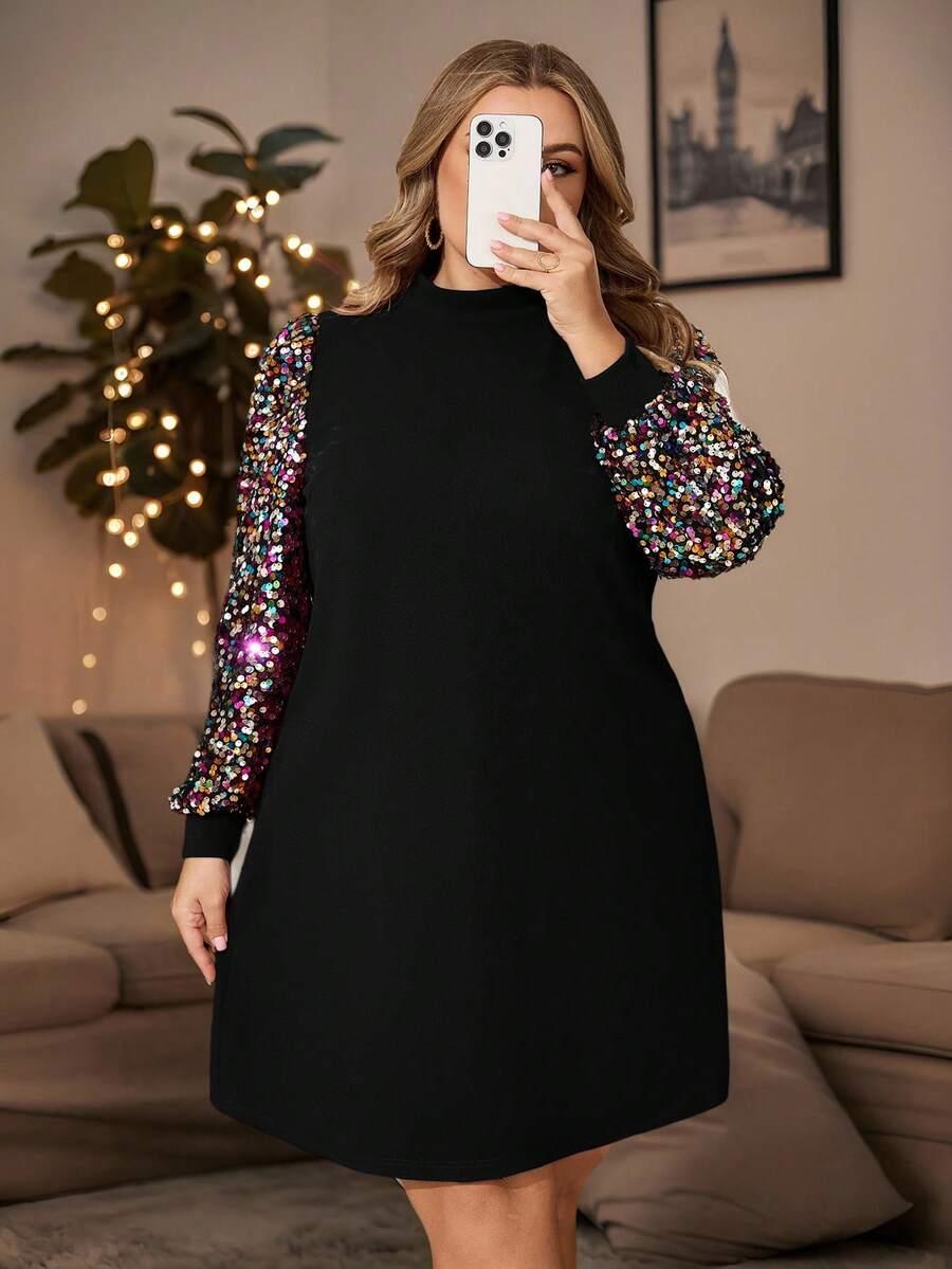 ENLIVA CZARNA SUKIENKA ZDOBIONE RĘKAWY CEKINY S06__XXL