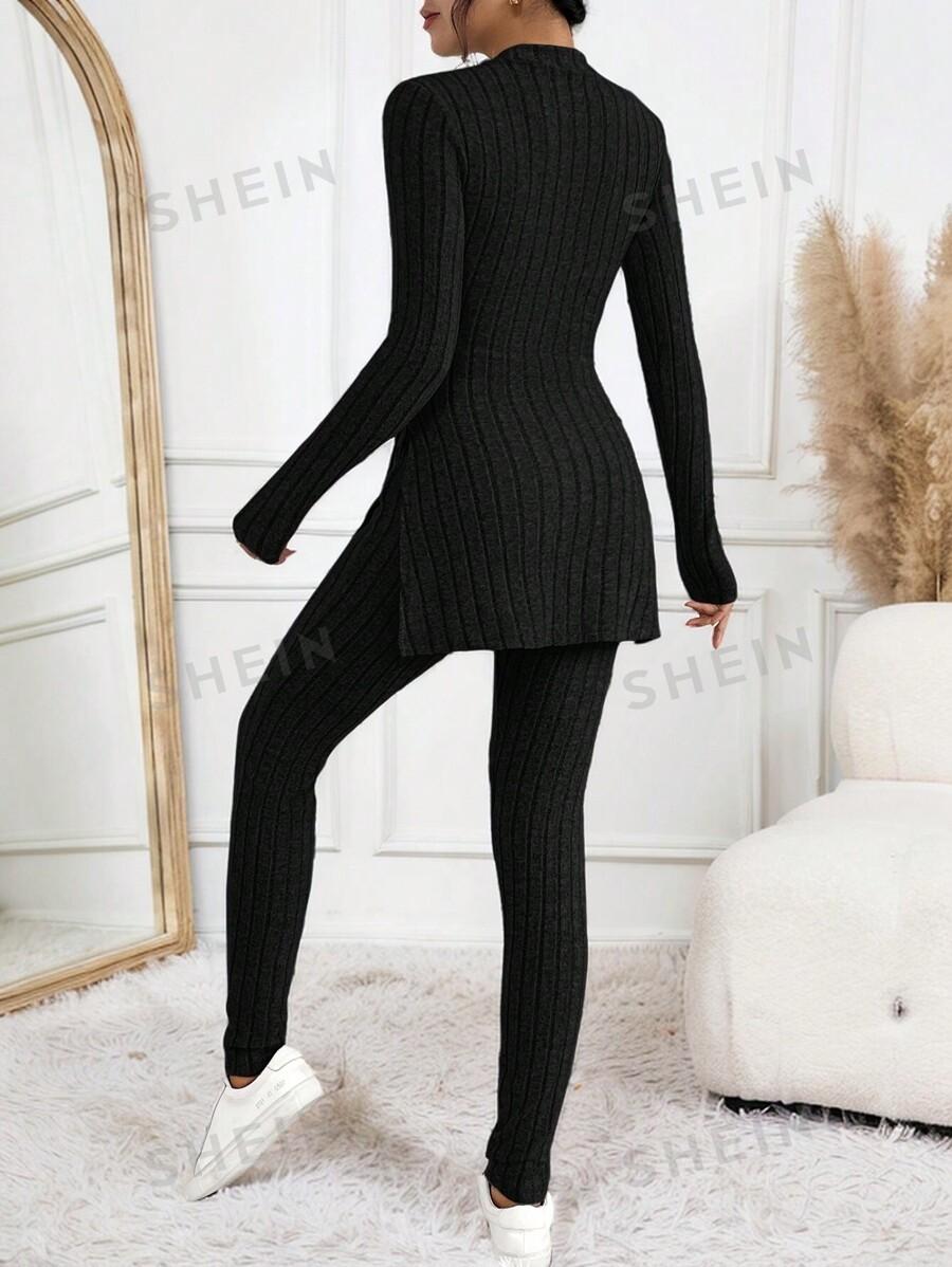 SHEIN CZARNY KOMPLET DZIANINOWY SPODNIE BLUZKA PK01__M