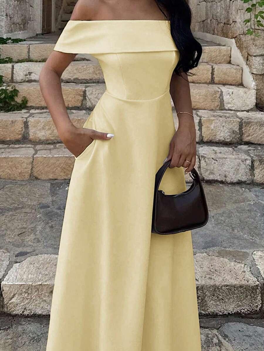SHEIN ŻÓŁTA MAXI SUKIENKA ODKRYTE RAMIONA PK01__L