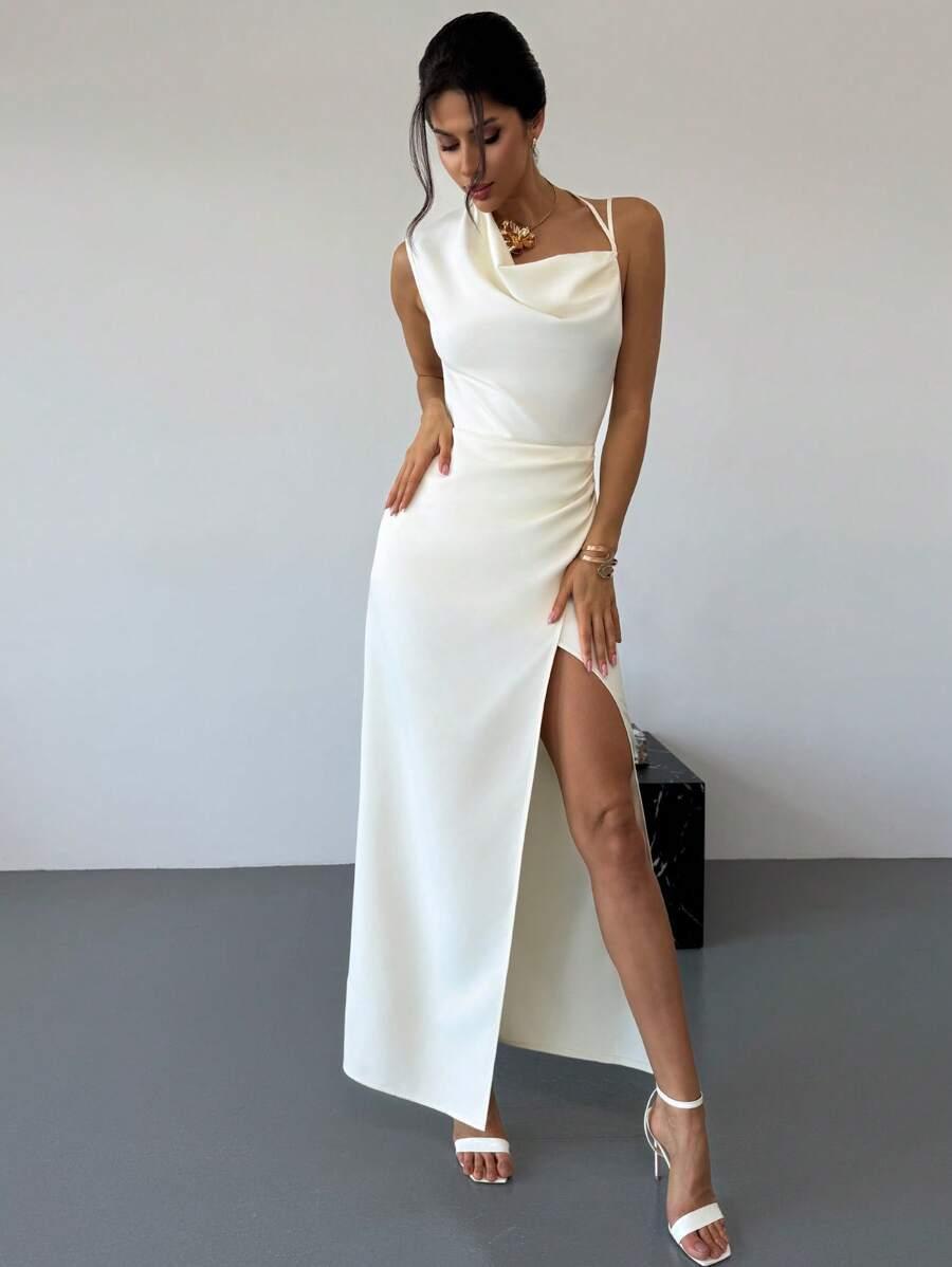 SHEIN KREMOWA ASYMETRYCZNA MAXI SUKIENKA S09__S