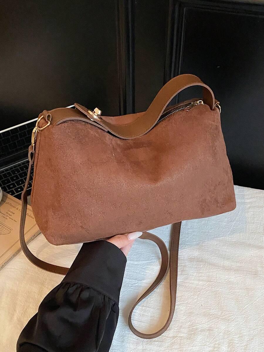 SHEIN BRĄZOWA TOREBKA IMITACJA ZAMSZU S07__30X12X18