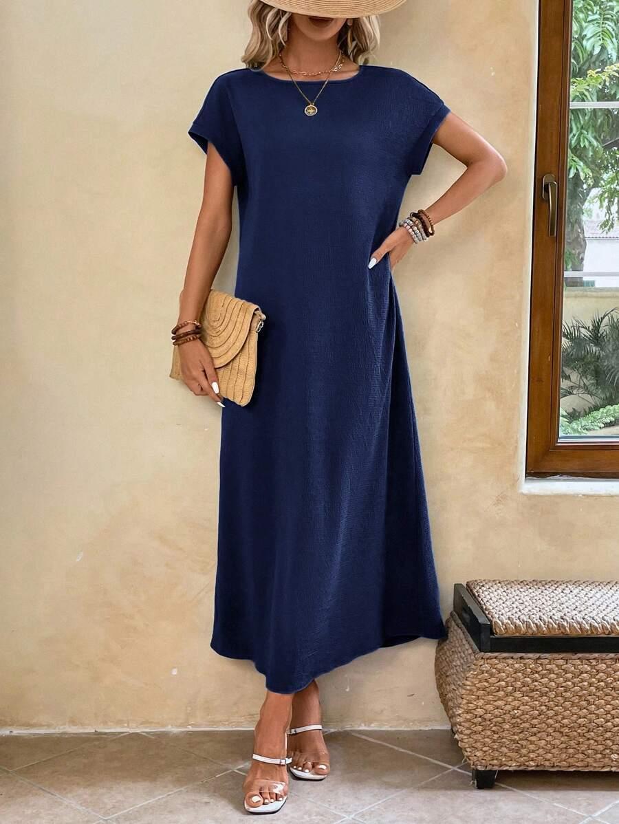 SHEIN GRANATOWA MAXI SUKIENKA KRÓTKI RĘKAW S06__S