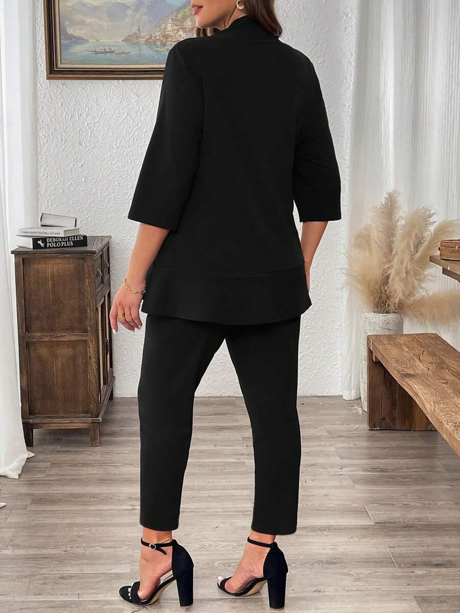 SHEIN CZARNY KOMPLET MARYNARKA FALBANA SPODNIE S06__46
