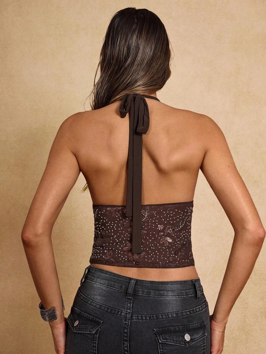 SHEIN BRĄZOWY TOP ZDOBIENIE S09__S