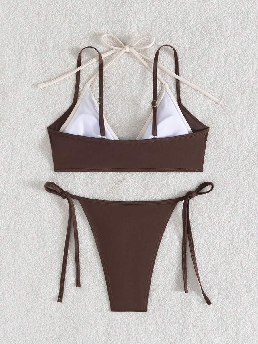 SHEIN BRĄZOWY DWUCZĘŚCIOWY STRÓJ KĄPIELOWY WIĄZANIE S09__L