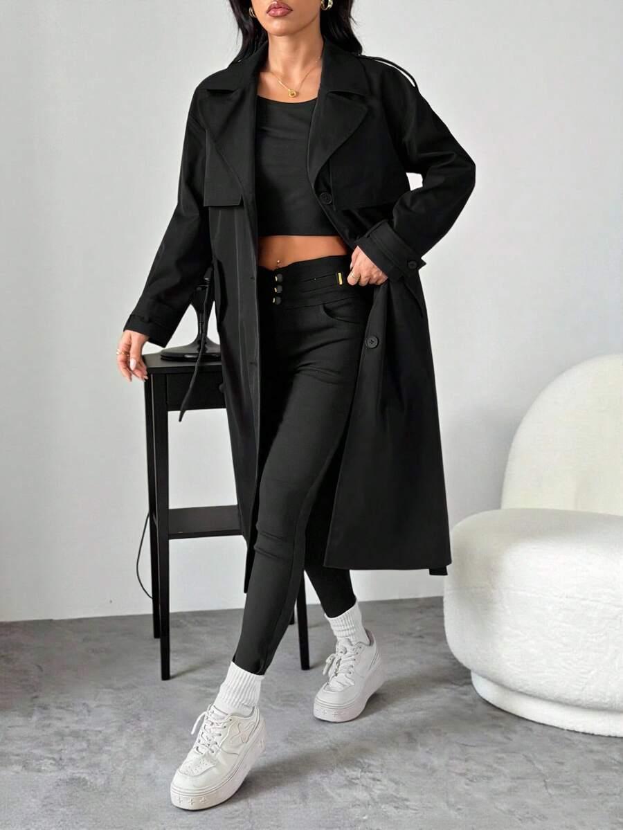 SHEIN CZARNY PŁASZCZ TRENCZ W01__XXS