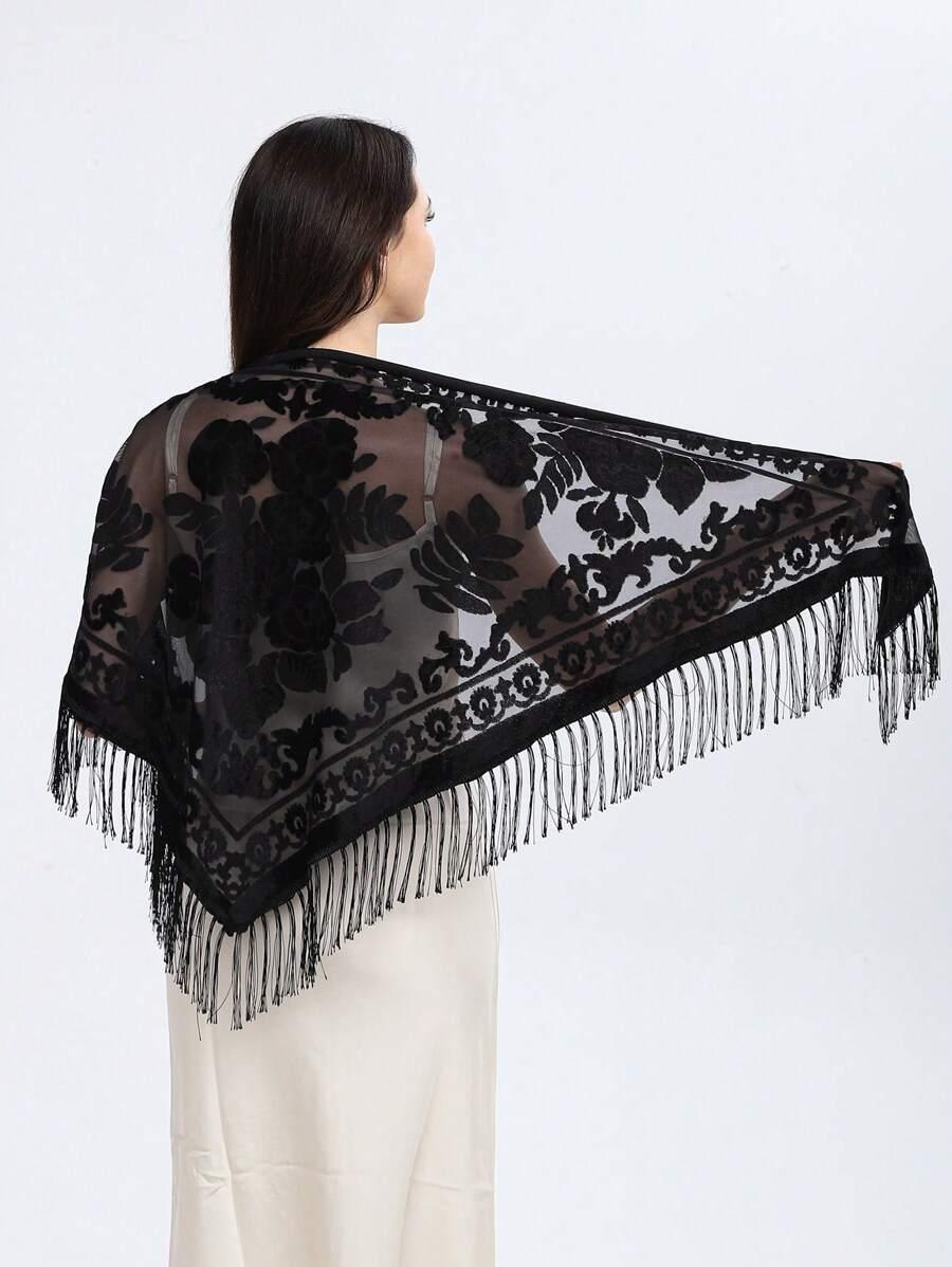SHEIN CZARNA CHUSTA FRĘDZLE S07
