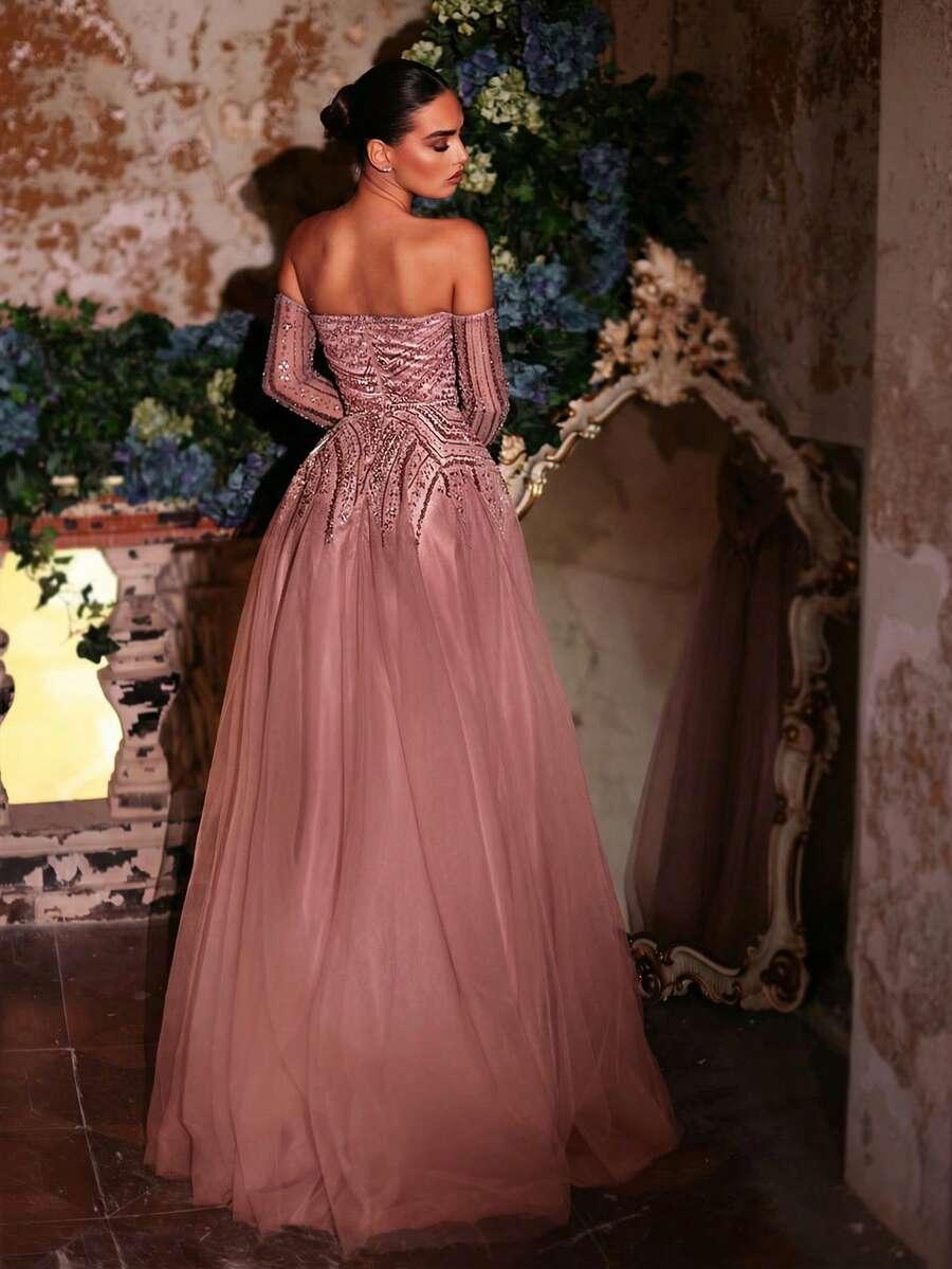GLAMRAE RÓŻOWA MAXI SUKIENKA ODKRYTE RAMIONA S06__S
