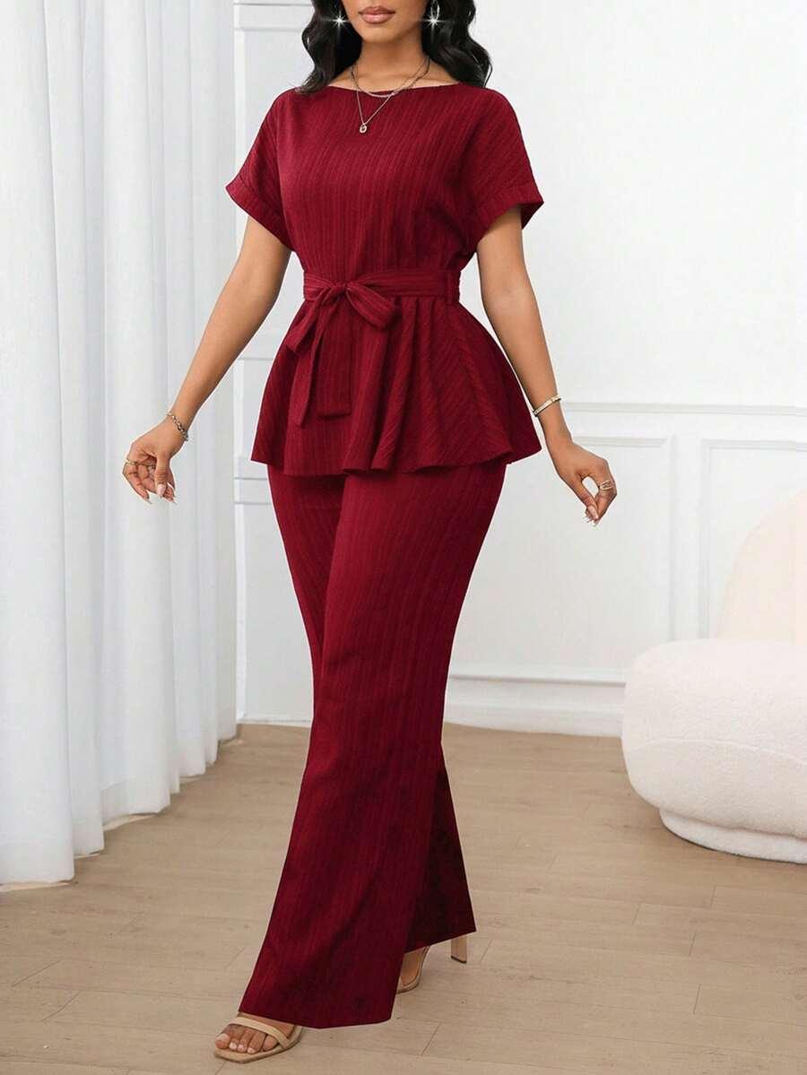 SHEIN BORDOWY KOMPLET BLUZKA SPODNIE S06__L