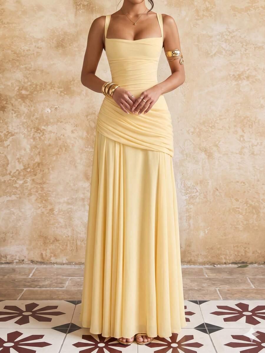 SHEIN ŻÓŁTA MAXI SUKIENKA NA RAMIĄCZKACH S06__M