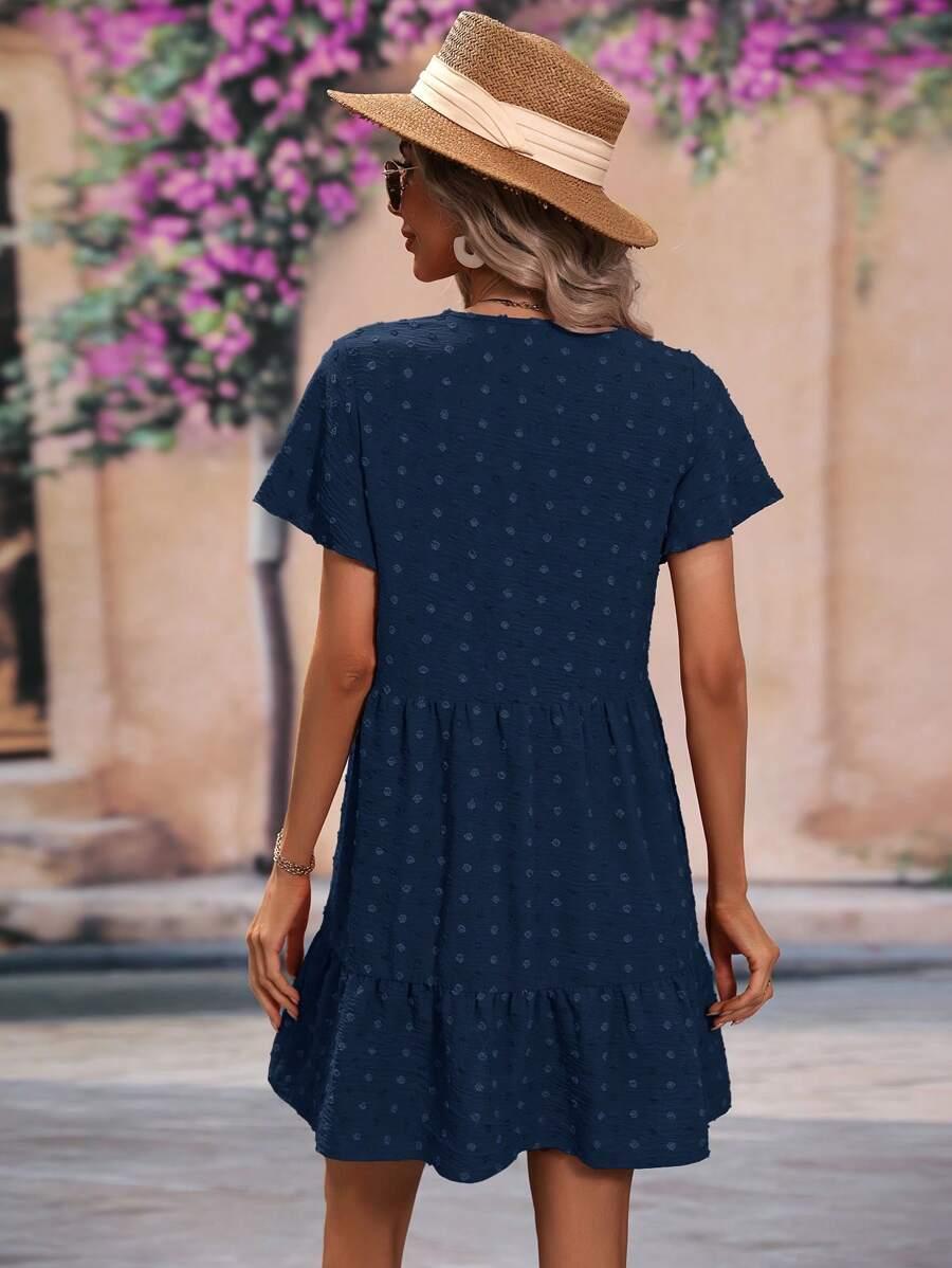 SHEIN NIEBIESKA MINI SUKIENKA TEKSTURA GROSZKI KRÓTKI RĘKAW S06__XXL