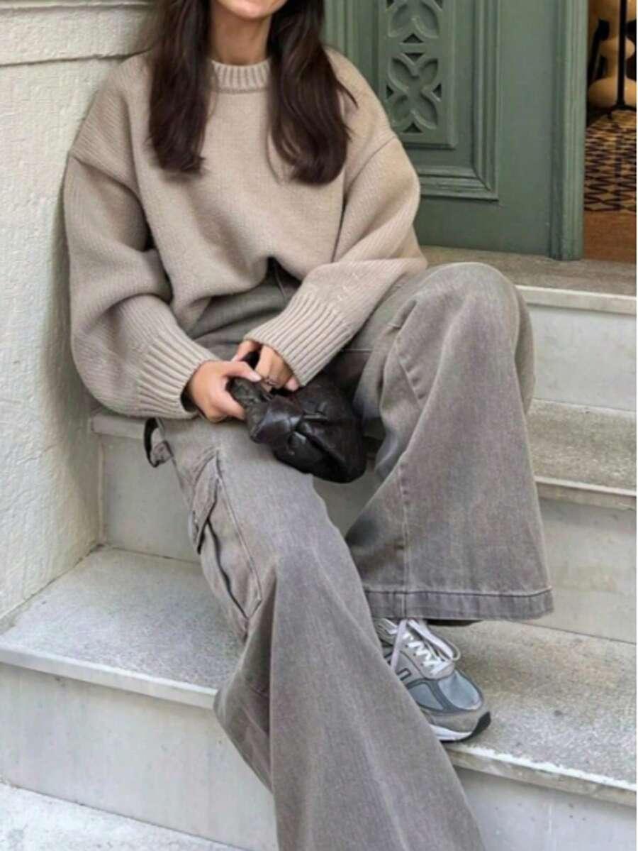 SHEIN BEŻOWY SWETER DŁUGI RĘKAW S06__L