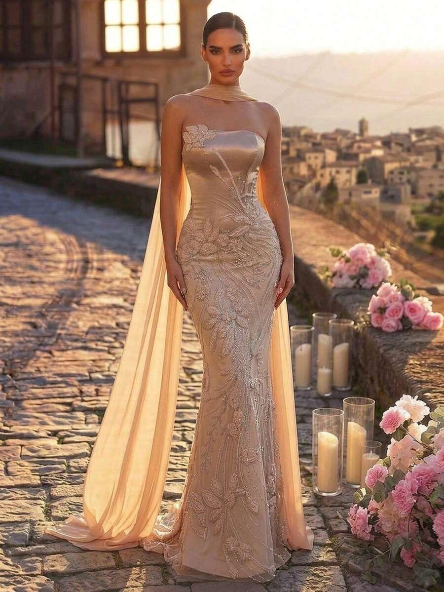 GLAMRAE ZŁOTA MAXI SUKIENKA SZAL KOMPLET S06__XS