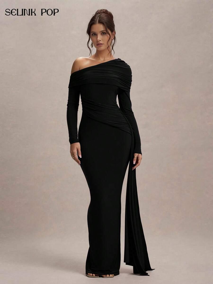 SHEIN MAXI ASYMETRYCZNA SUKIENKA MARSZCZENIA S06__M