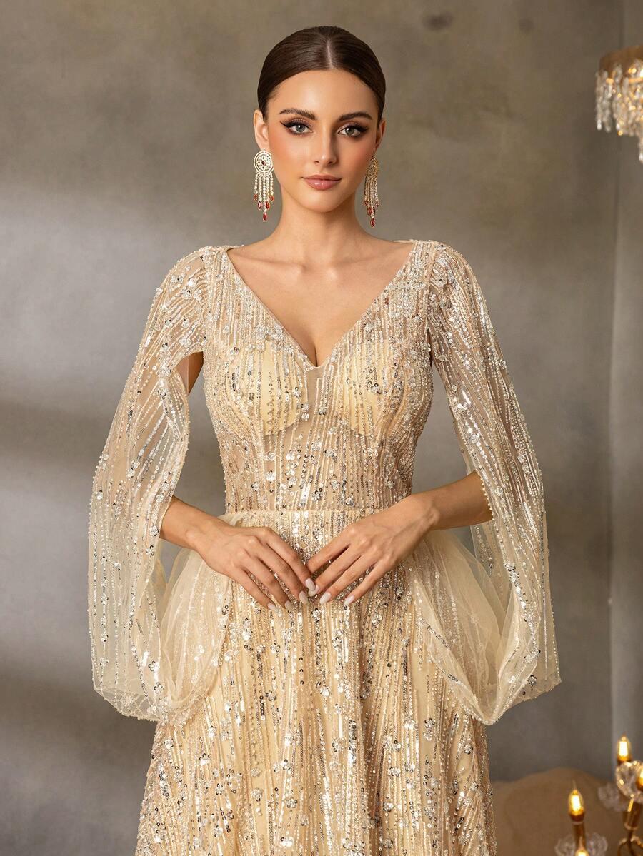 FAERIESTY ZŁOTA MAXI SUKIENKA V-NECK CEKINY PK01__XL