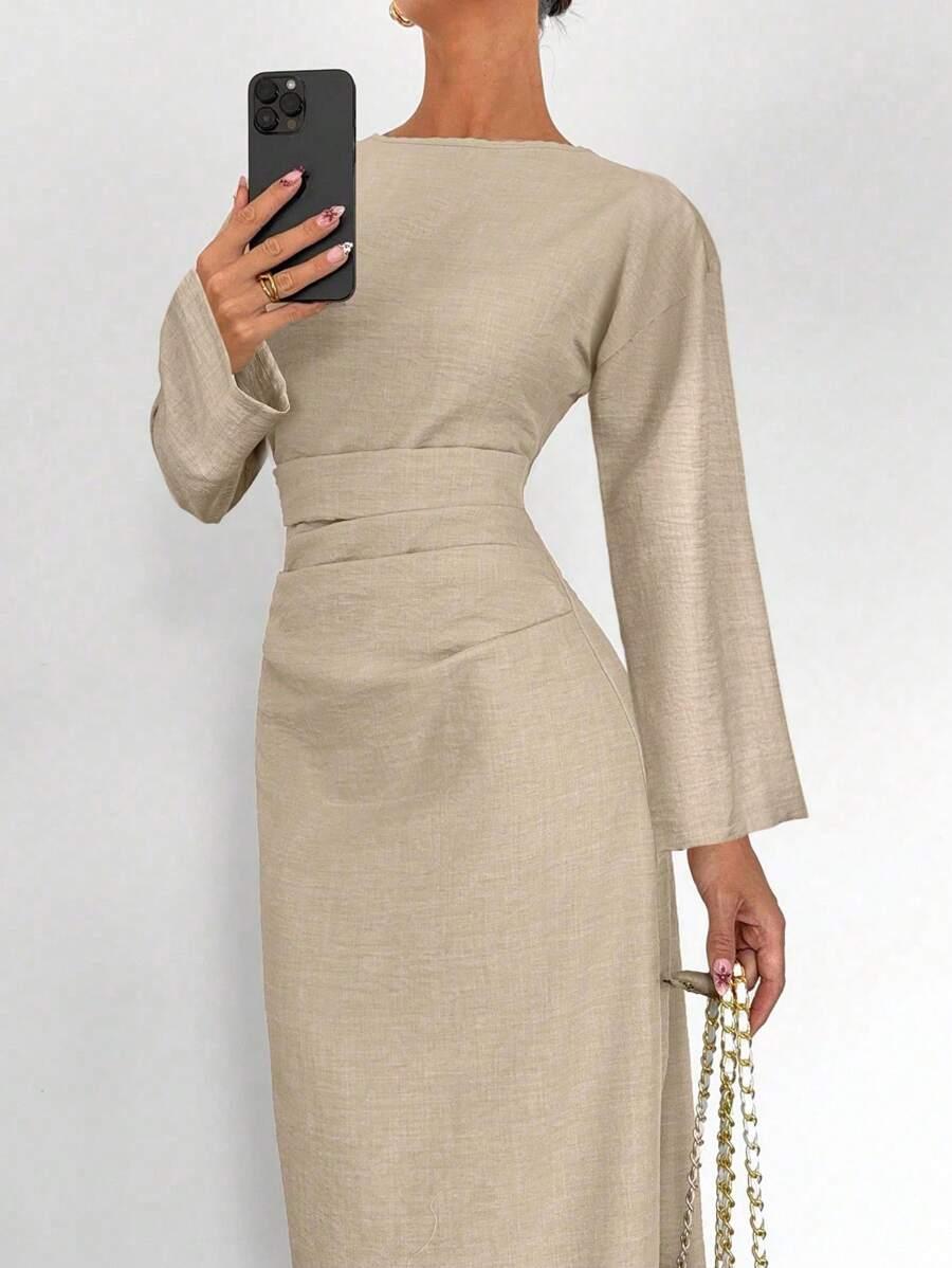 SHEIN BEŻOWA MAXI SUKIENKA S06__M